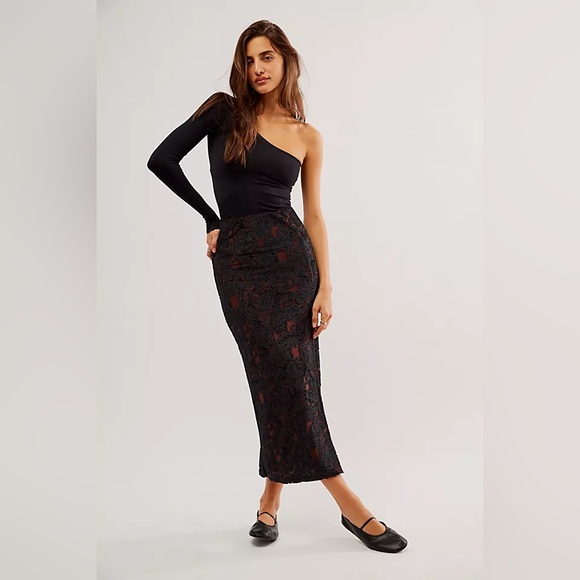 Free People Rosalie Velvet Midi Skirt in Black - Picture 1 of 12